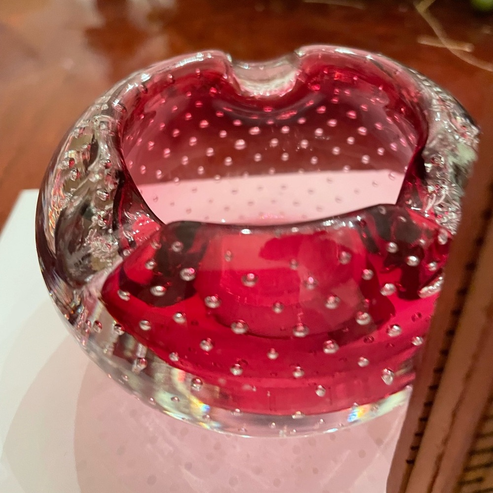 Murano Cranberry Red Bullicante Vintage Glass Ashtray - Picture 9 of 13